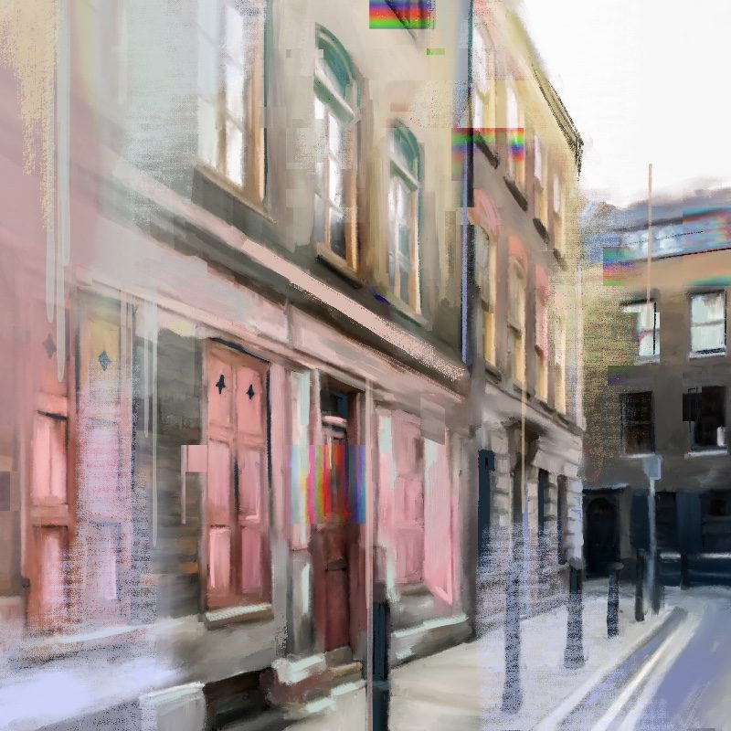 An digital painting of 4 Princelet St in Spitalfields, looking down the street the brushstrokes are expressive and the colour palette includes browns and pastel pinks. The painting is layered with digital glitches. 