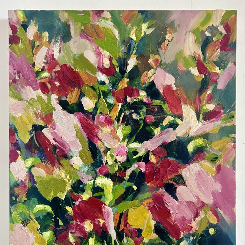 Oil on canvas inspired by nature in pinks and greens