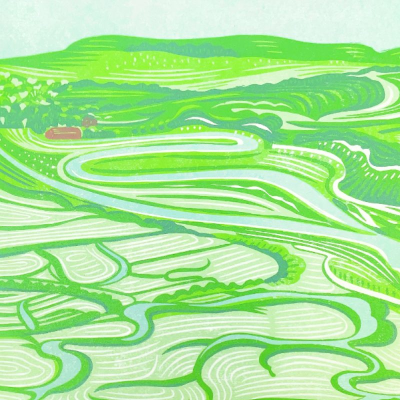 Limited edition lino print, from a sketch of the flood plains at Cuckmere Haven