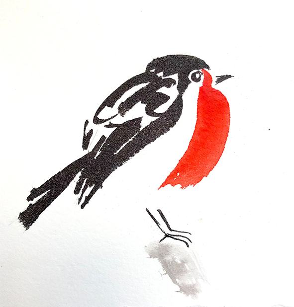 Brush Ink Greeting Card of a Robin in red & black on white