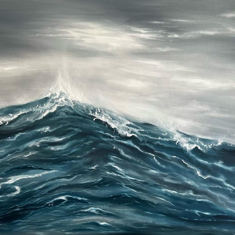 In this striking oil painting, a colossal, turbulent wave takes center stage. It surges with intense energy, spraying mist into a grey sky. Amidst the stormy atmosphere, a hint of light breaks through the clouds in the distance, creating a glimmer of hope. The contrast between the powerful wave and the distant sunlight symbolises the relentless beauty of nature's strength and the moments of calm found within its fury. This artwork invites viewers to ponder the incredible force and fleeting tranquility of the natural world.