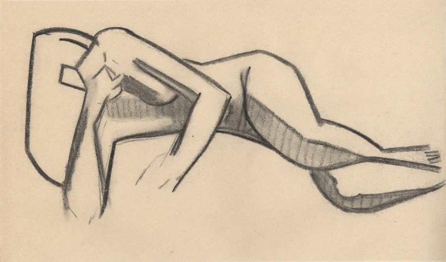 A charcoal drawing of a reclining female nude figure in the Vorticist style.