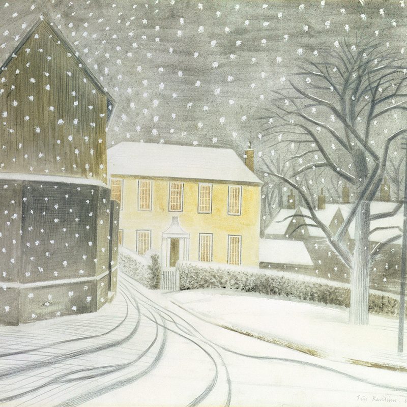 A snowy landscape featuring a yellow house and surrounding dark houses.