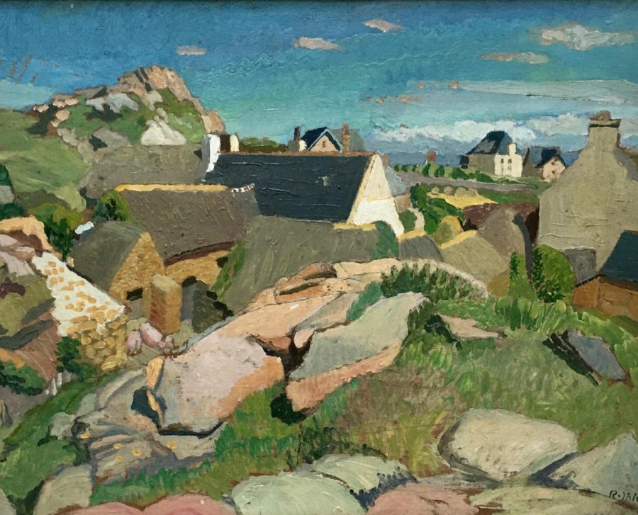 A green landscape with rocks in the foreground and houses in the background. The sky is blue and there is clouds in the sky.