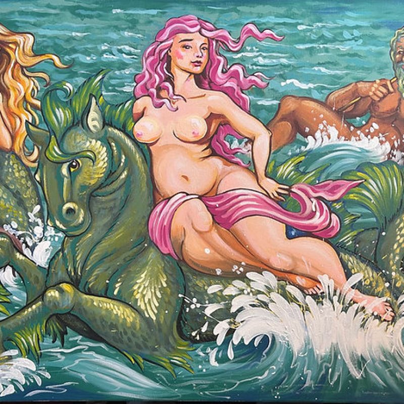 Merfolk relaxing in the ocean and riding a Sea creature, Original Painting.
