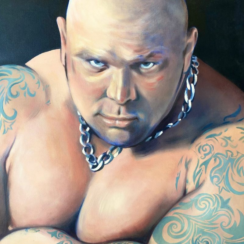 Close up painting of wrestler with oil paints on canvas