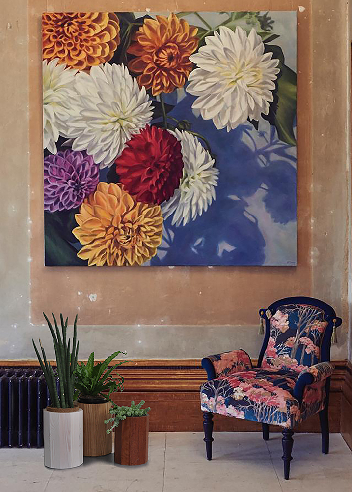 Oil painting of Dahlias and upholstered chair