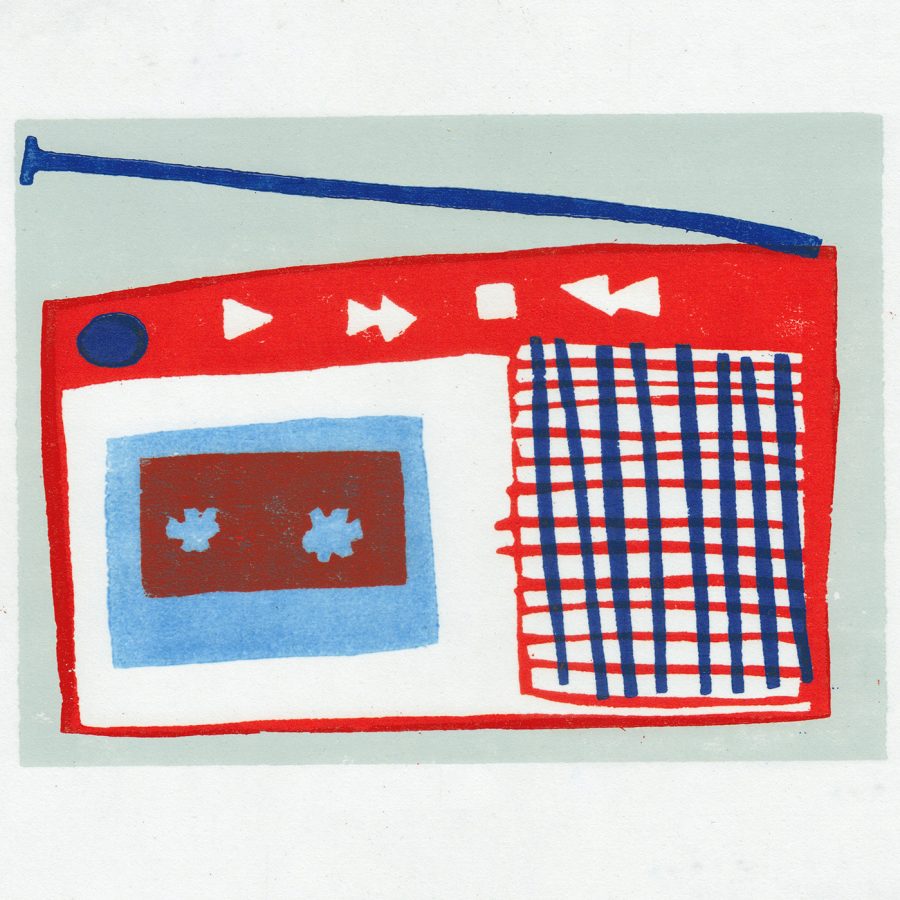 A red and blue graphic illustrative linocut print of a cassette player