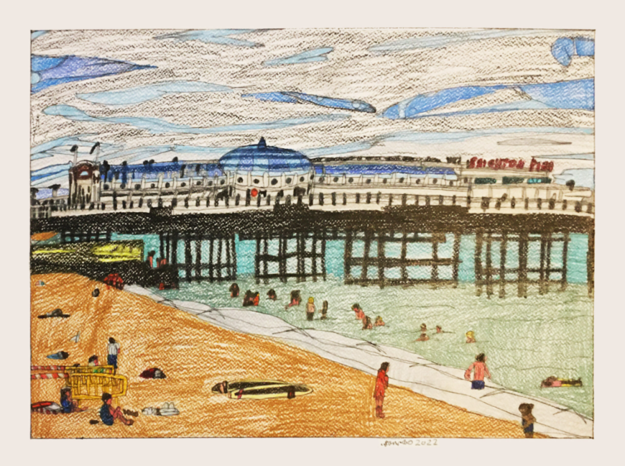 Artwork with Brighton Pier as seen from the beach. People are enjoying the sea.