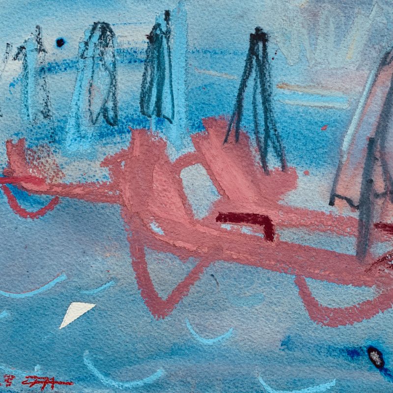 Watercolour and pastel scene of empty sun loungers on a beach at the end of the day.
