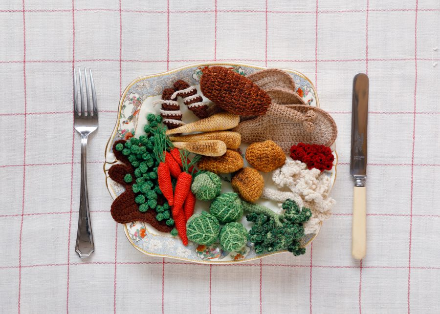 A plate of knitted and crocheted Christmas dinner 