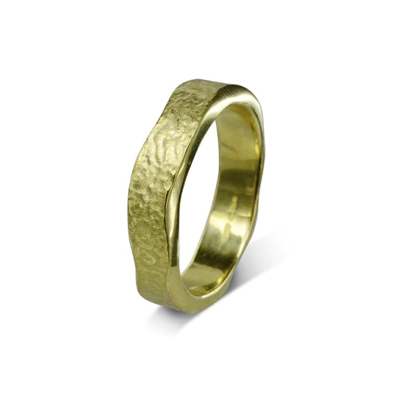a 5mm wide gold ring with a undulating polished edge and textured top surface.