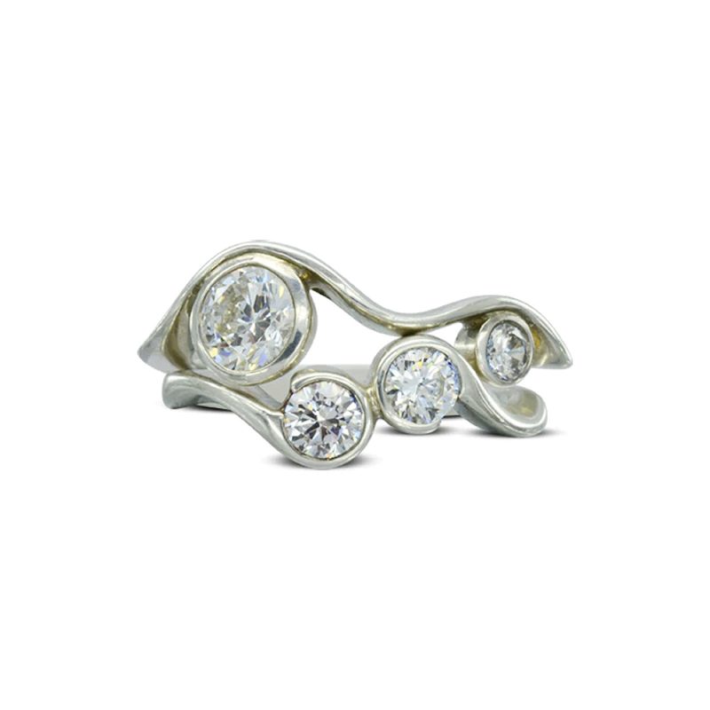 An Organic Two Strand Diamond Bubbles Ring. The platinum metalwork swirls around the stones mimicking water.