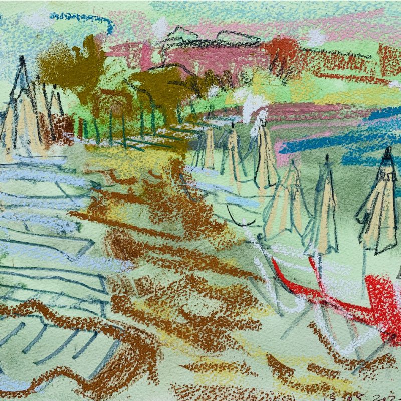 Watercolour and pastel beach scene with sun loungers and parasols.