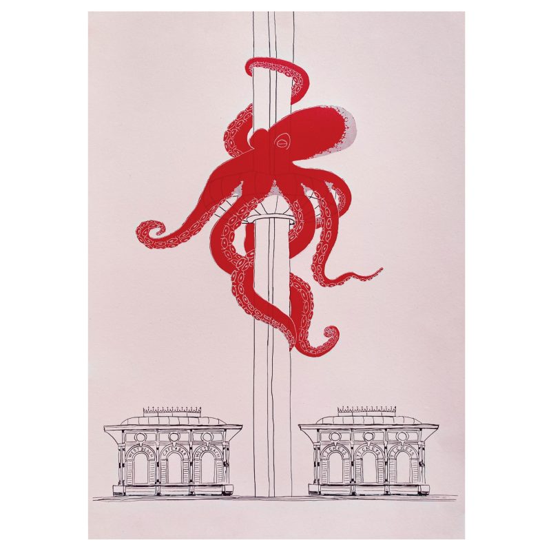 A2 limited edition screen print of a red octopus straddling a line drawing of the Brighton i360 on a white background.