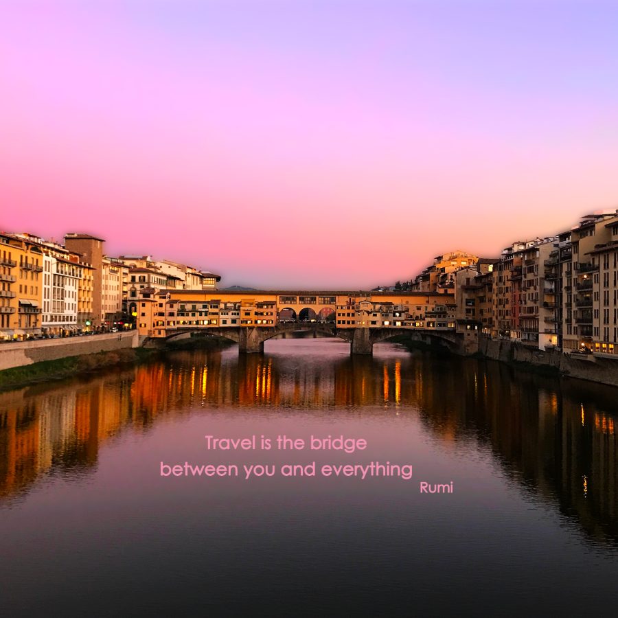 The stunning Ponte Vecchio in Florence with a beautiful pink and purple sunset backdrop combined with a powerful quote by Rumi