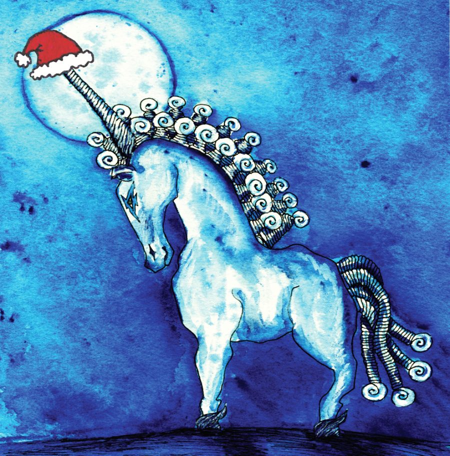 watercolour painting of a unicorn at night with Santa Hat on its horn silhouetted by full moon