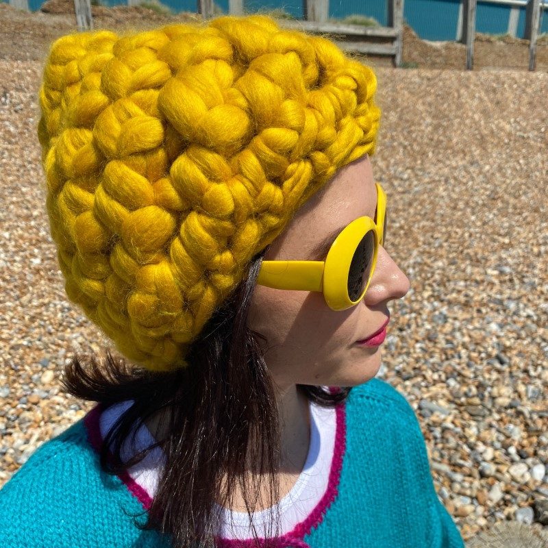 Mustard super chunky crocheted hat, handmade in unspun wool