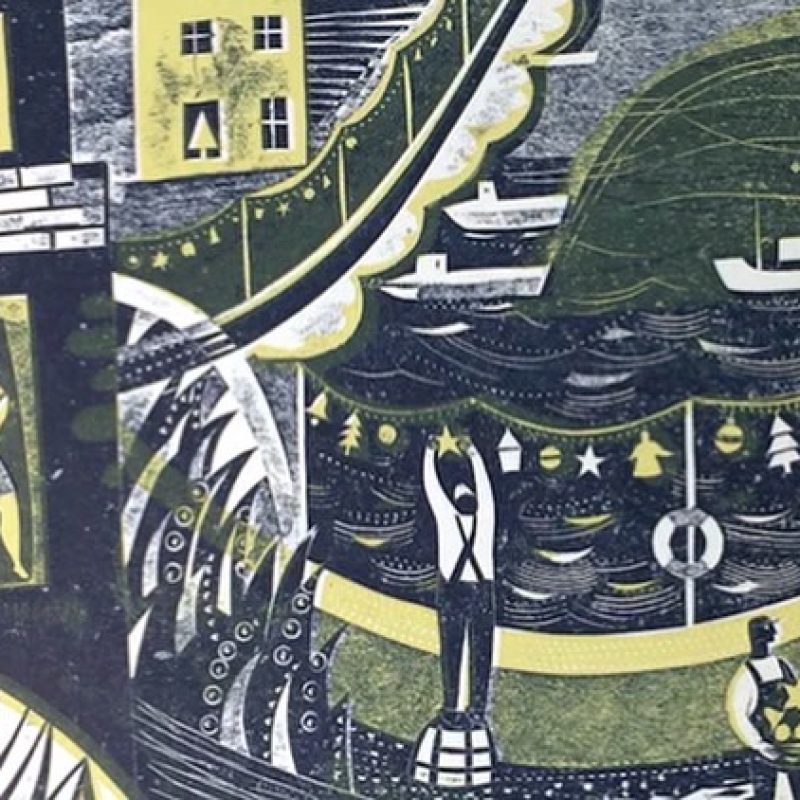 card cut print of a night time christmas harbour, putting up the lights