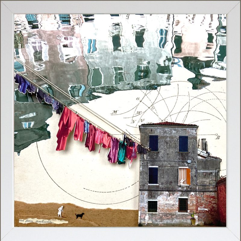 A hand finished 3D collage of an urban landscape of a house, washing line and reflection