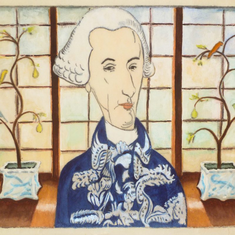 A portrait of Joseph Haydn, the composer, in his Esterhazy uniform in a room with fruit trees and song birds.
