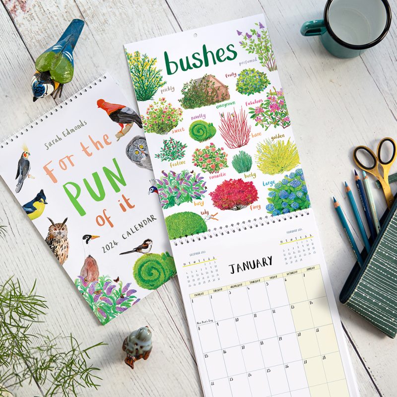 Illustrated pun based calendars with images of  bushes