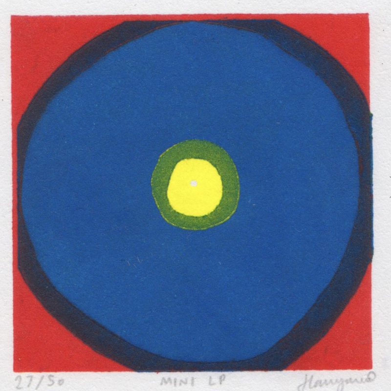 A colourful stylised linocut print of a mini vinyl LP