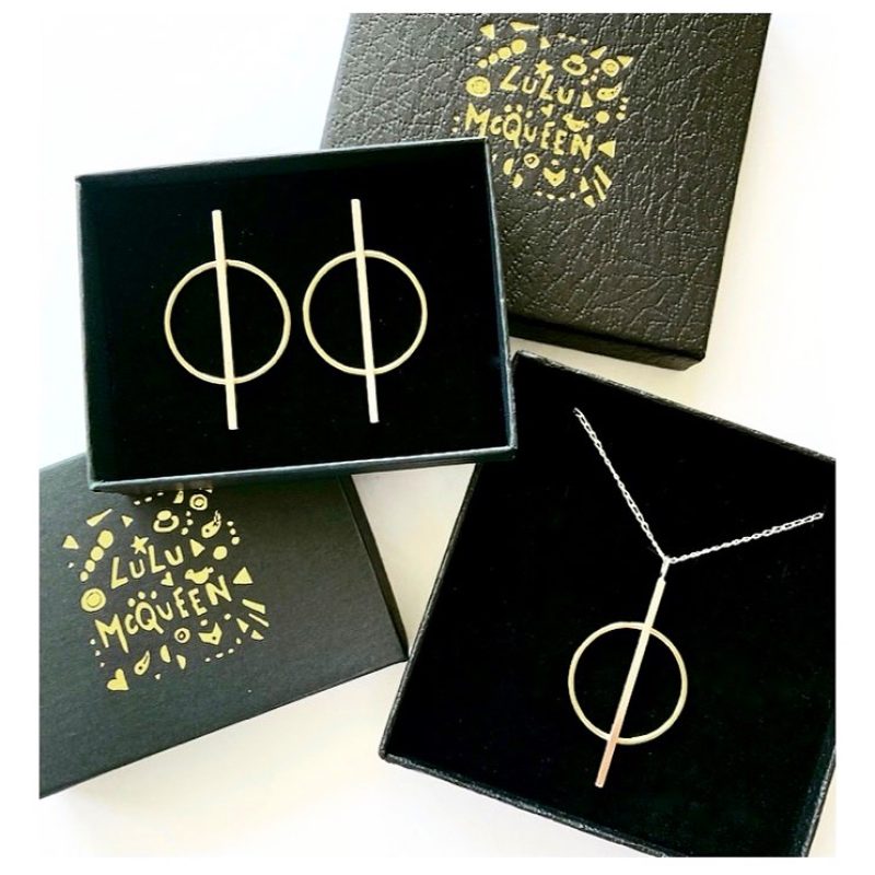 Minimalist silver & brass geometric drop earrings and necklace set.