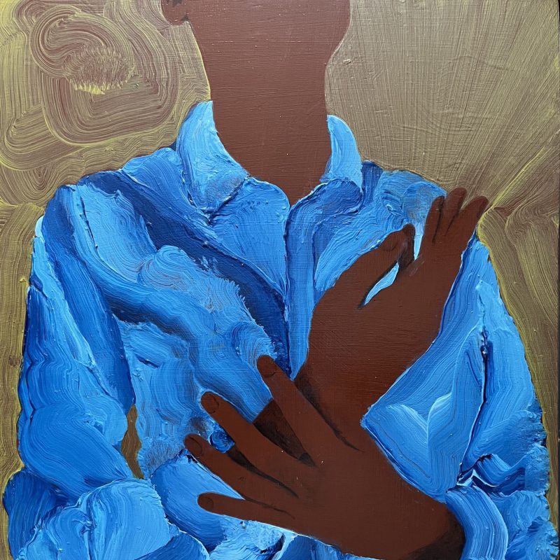 Upper torso of figure wearing blue shirt. A flourishing gesture of hands