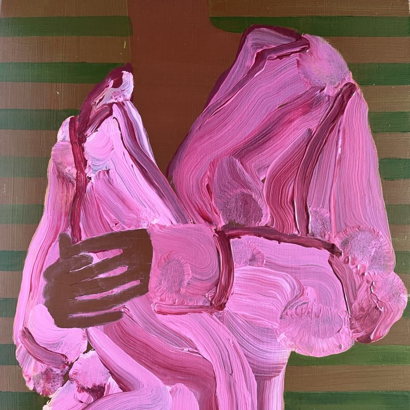big brush stroke painting of upper torso wearing pink shirt, hands interlinked