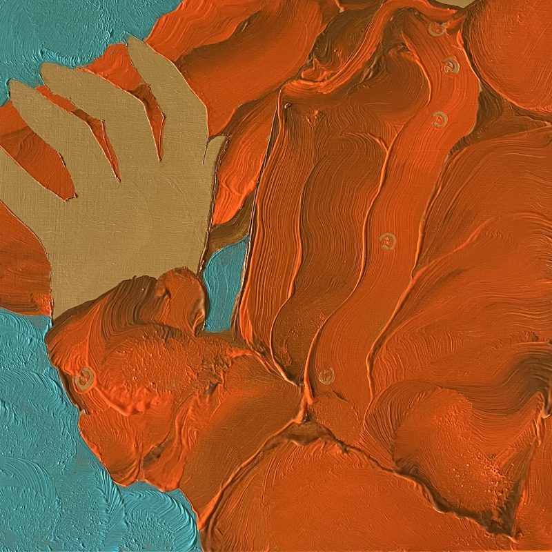 Close up of figure wearing red shirt. Large brush strokes show hand holding the other arm.
