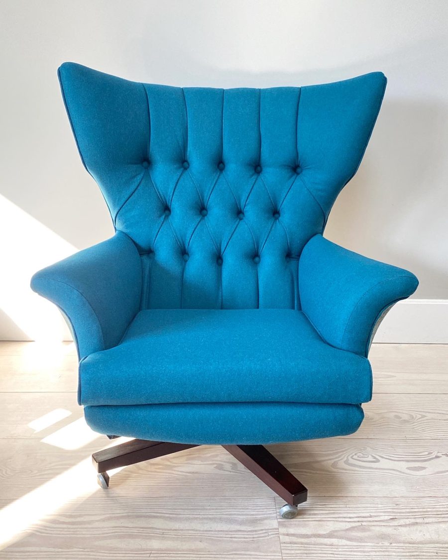 1960s vintage swivel chair recovered in teal wool