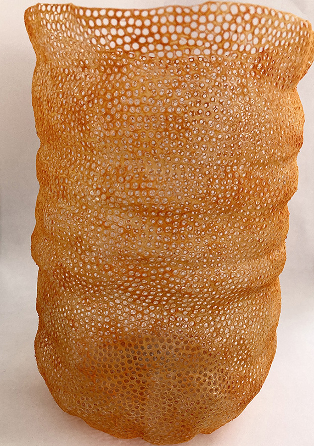 An empty used plastic water bottle re-fashioned. Pierced fully with tiny holes and formed into a more organic coral reef like structure. Stained coral orange