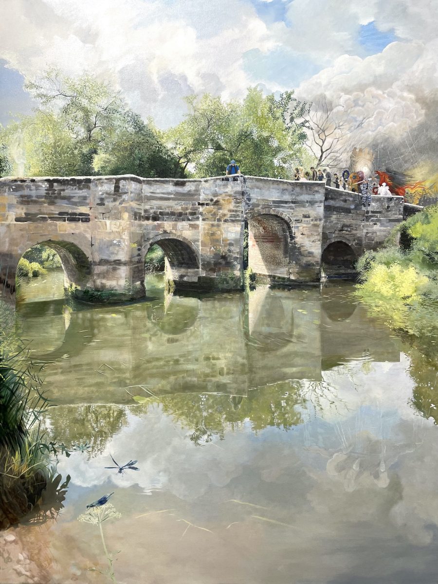 A painting of an old bridge on a summers day, with blue banded damsel flies dancing over the water in the foreground and a group of interesting looking people crossing over the bridge