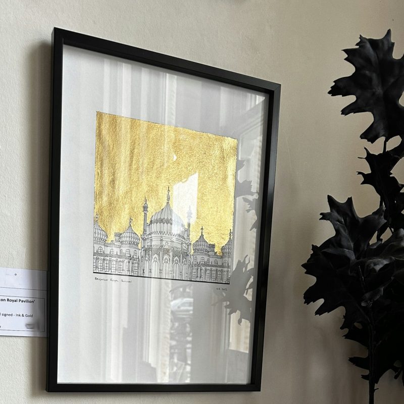 Ink drawing of the Royal Pavilion with Leaf sky