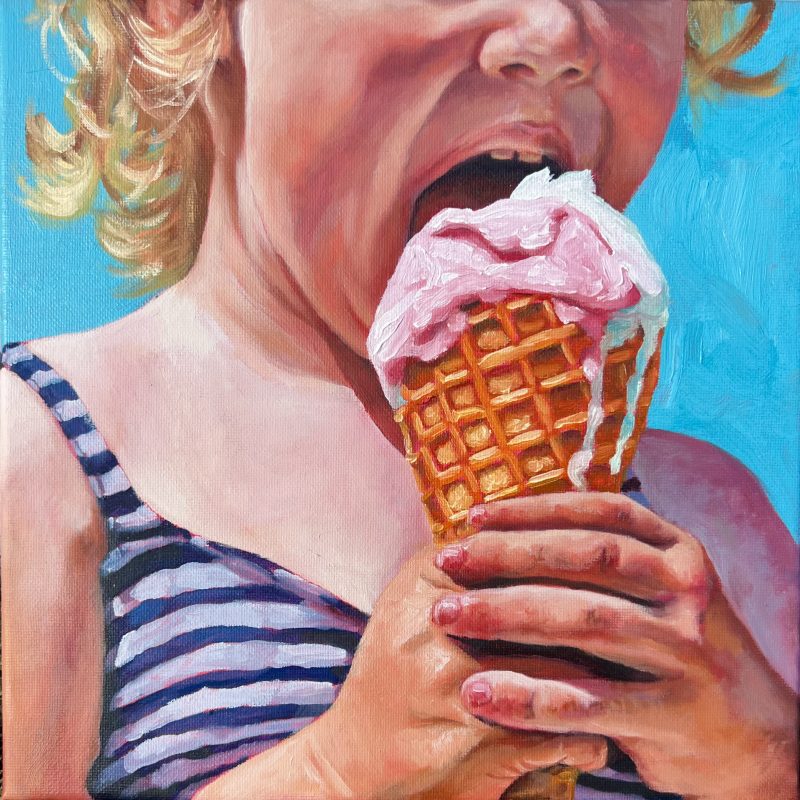Oil painting of a girl eating strawberry and vanilla ice cream 