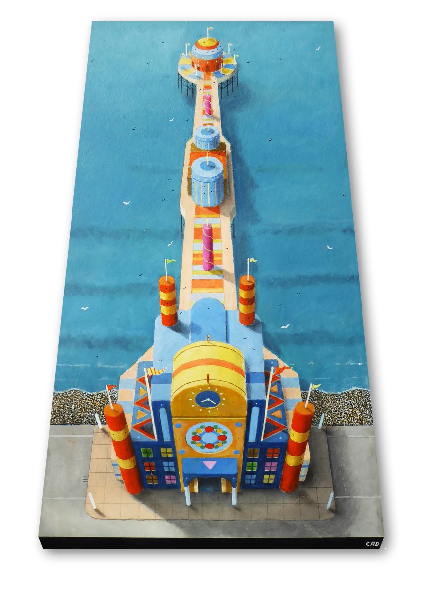 a painting in Acrylic on a wedge shaped board to give the imression that the imageis three dimensional, and coming towards you. The image is of a pier as if made from a child's building blocks in bright colours. The title is a play on words. 