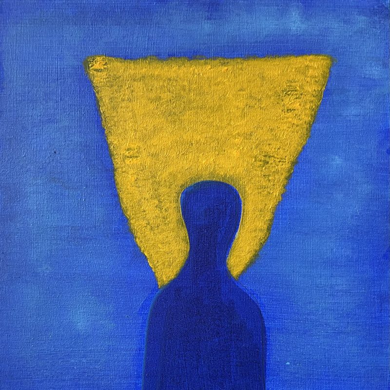An abstract painting in yves klein blue and bright yellow featuring a silhouette of a figure.