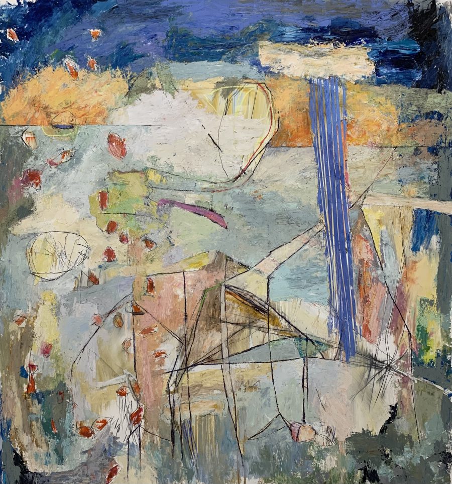 A large abstract painting with many shapes suggested and dissolving in a tumbling landscape of forms and colours - clouds, rooms, petals, plants , channels, roofs…..