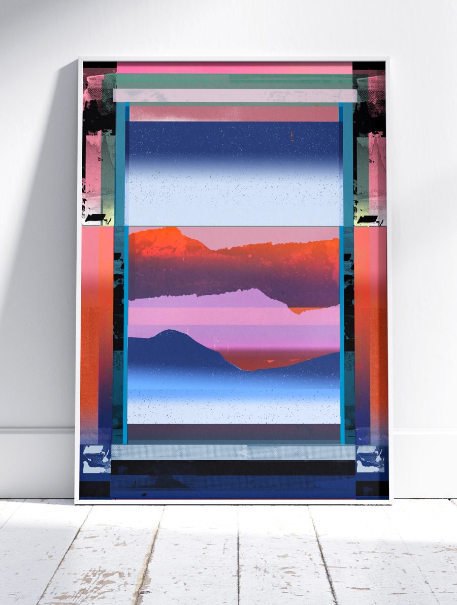 A large A1 abstract print in tones of red, pinks and blues 