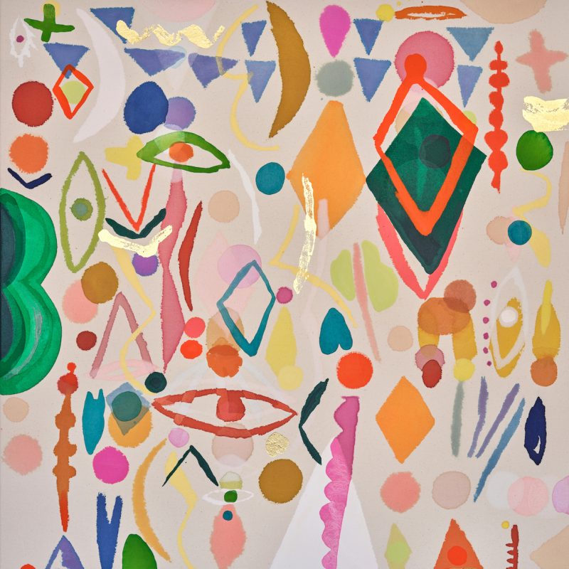 this is a painting of brightly coloured dots and lines in red, green, orange, pink and yellows. layered over each other like they are falling from the sky. top right is a dark green diamond overlaid with a bright red outline of a diamond. to the left is a green shape like the letter B. the paint is an abstract composition playing with colour shape and placement. there are gold spot on it in places.