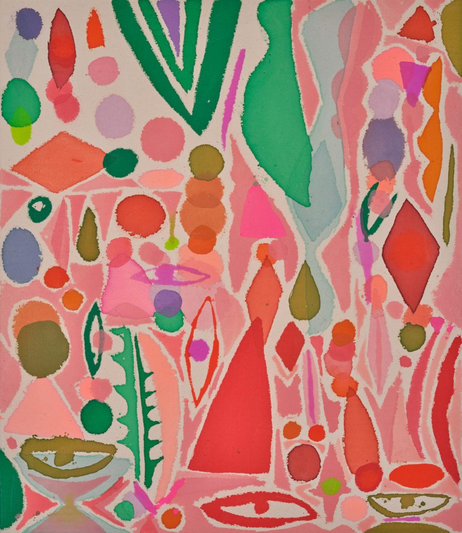 this photo shows a painting done on raw natural canvas populated by brightly coloured dots, triangles, diamonds zigzags and simple eye motifs. the predominant colours are pink, green, red and orange. the shapes are made of transparent stains in acrylic inks so they overlap each other creating a pattern of abstract shaped.