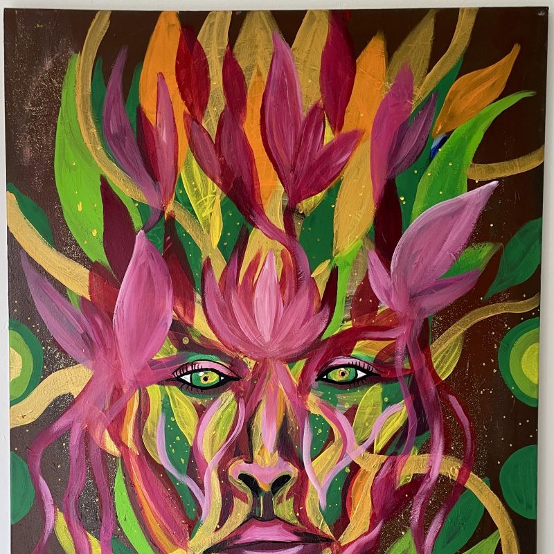 This is a vibrantly coloured abstract portrait, containing a face made of forms that resemble flowers and vines. It contains several shades of green, pink, brown and gold.