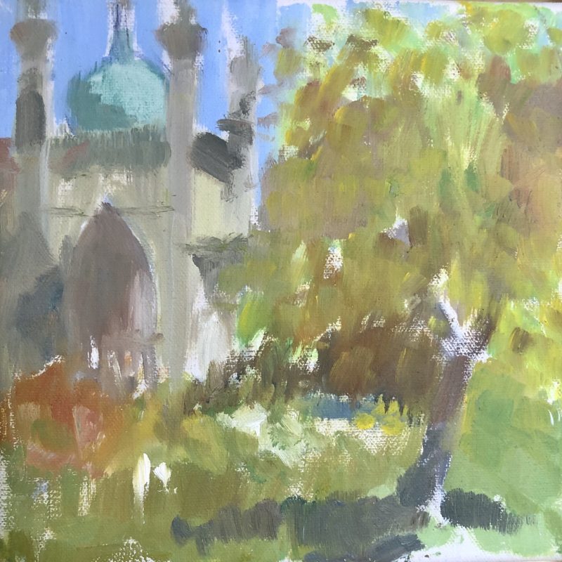 Inprestionistic painting pf Brighton Pavilion gardens in summer. Natural greens and blues