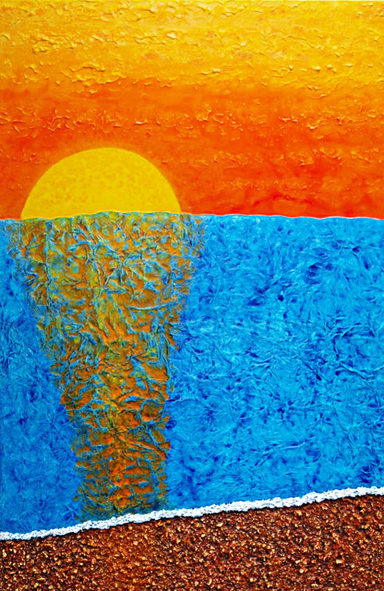 A colourful highly textural collage and original painting of a warm bright sunrising over Brighton Beach