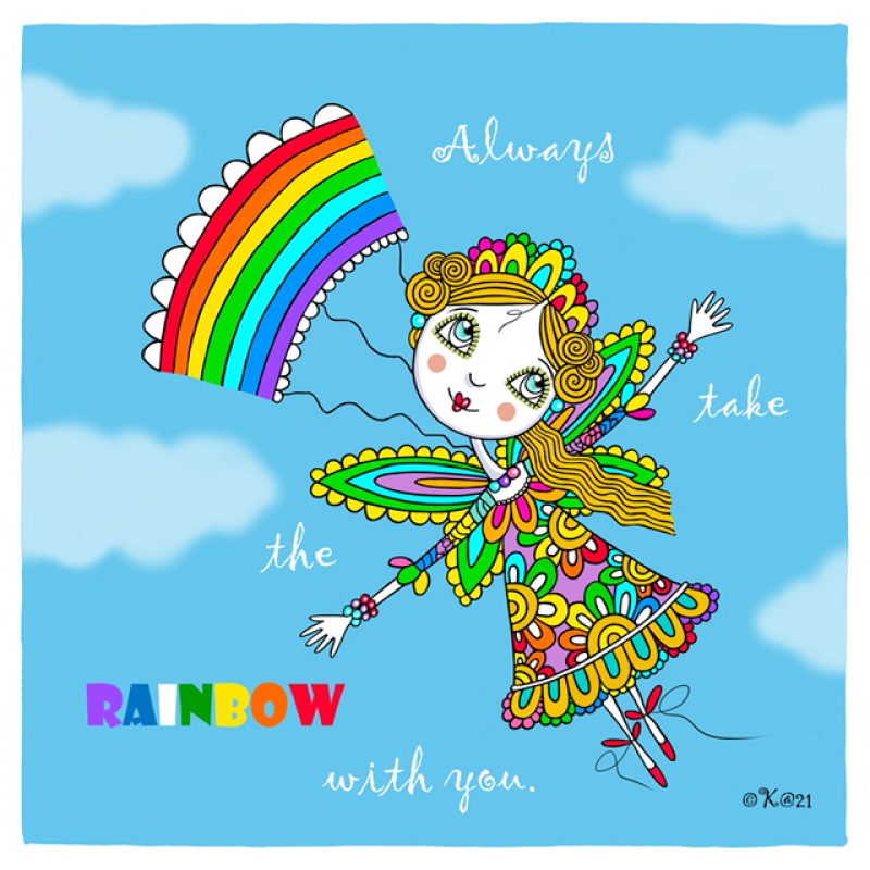 Girl floats in the sky by the rainbow moving her along