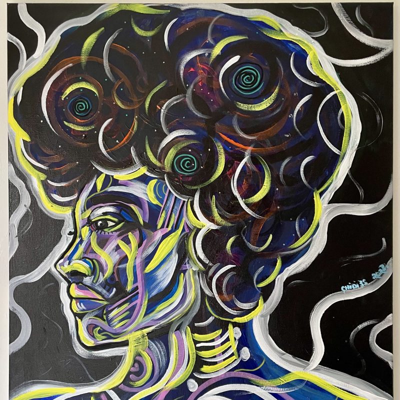 This is a dynamic semi abstract portrait made up of blue hues. With yellow and pink highlights, the form, in particular the hair looks like gas clouds in outer space, the background is back with thick flowing white line emanating away from the main figure.