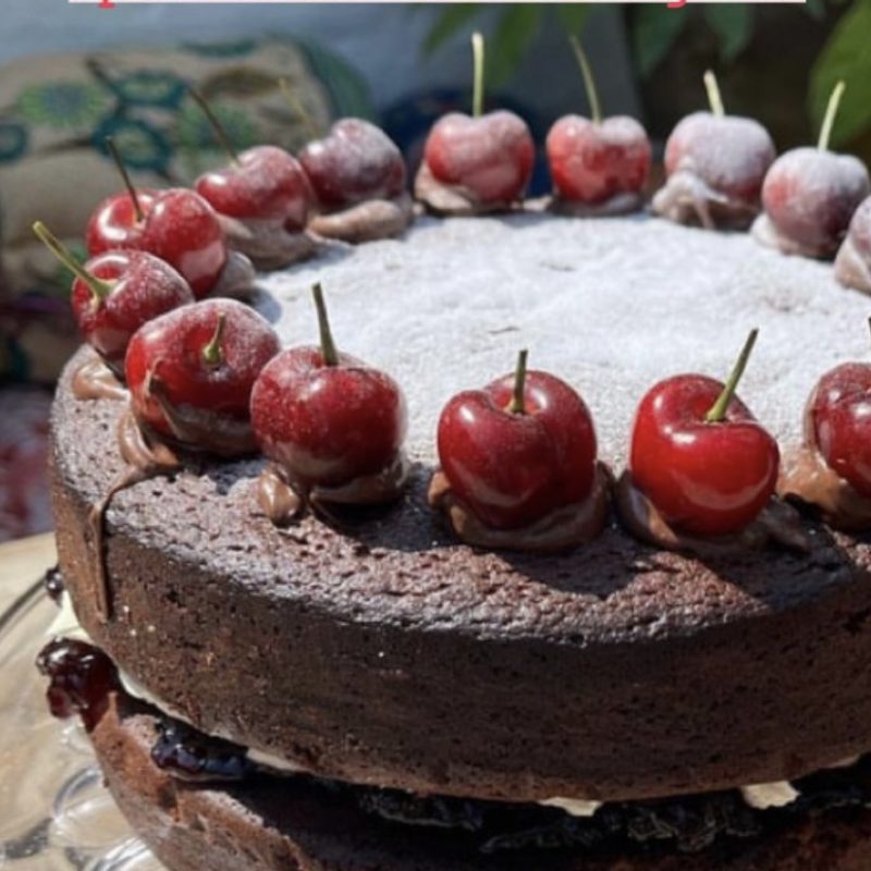 chocolate and cherry cake in close up