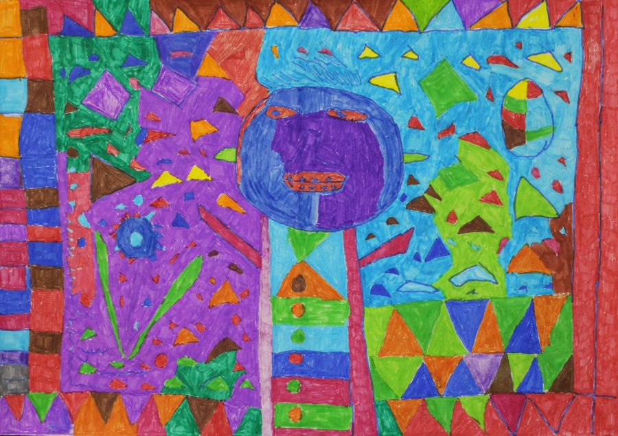 Vibrant coloured drawing in pen on paper. The image is of a figure with round face and geometric shapes in the background