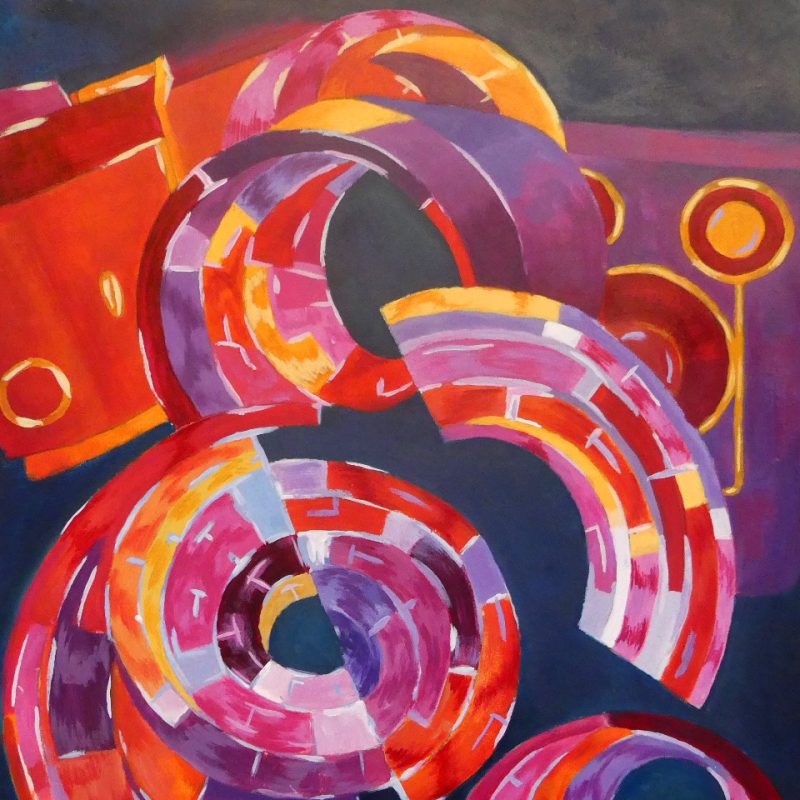 A vibrant painting with circular shapes and pink, purple and yellow colours